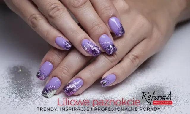 Liliowe paznokcie z efektem ombre i brokatem. Elegancki french z fioletem i srebrnymi drobinkami.