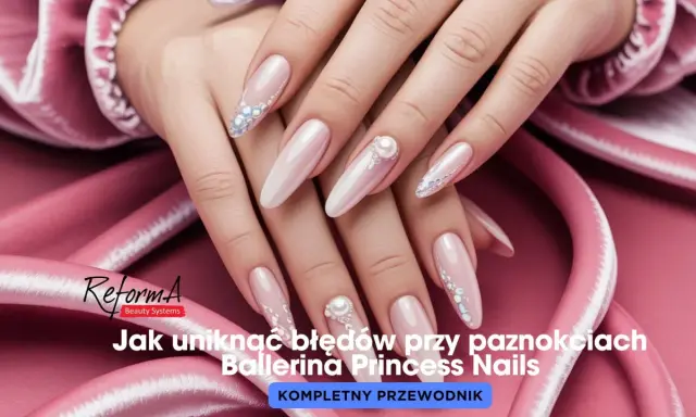 Eleganckie paznokcie baleriny z perłami i kryształkami, idealne na specjalne okazje.