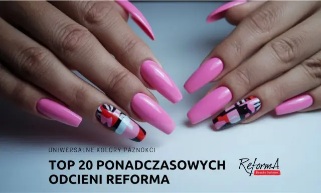 Różowe paznokcie w stylu coffin, z jednym zdobionym wzorem geometrycznym. Inspiracje na modny manicure.