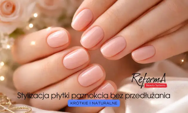 Dłonie z krótkimi, naturalnymi paznokciami w delikatnym, różowym odcieniu. Stylizacja płytki paznokcia bez przedłużania.