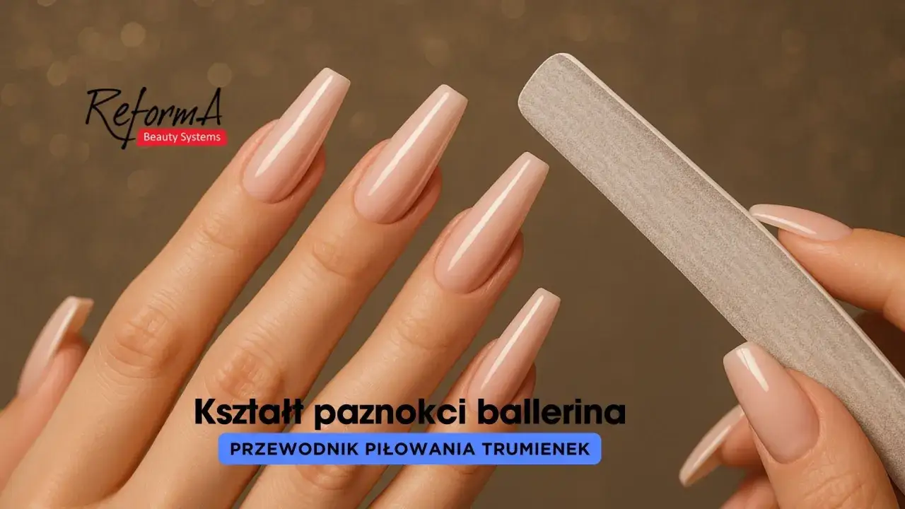 Długie paznokcie długość 3 w kształcie baleriny, idealnie opiłowane pilnikiem.