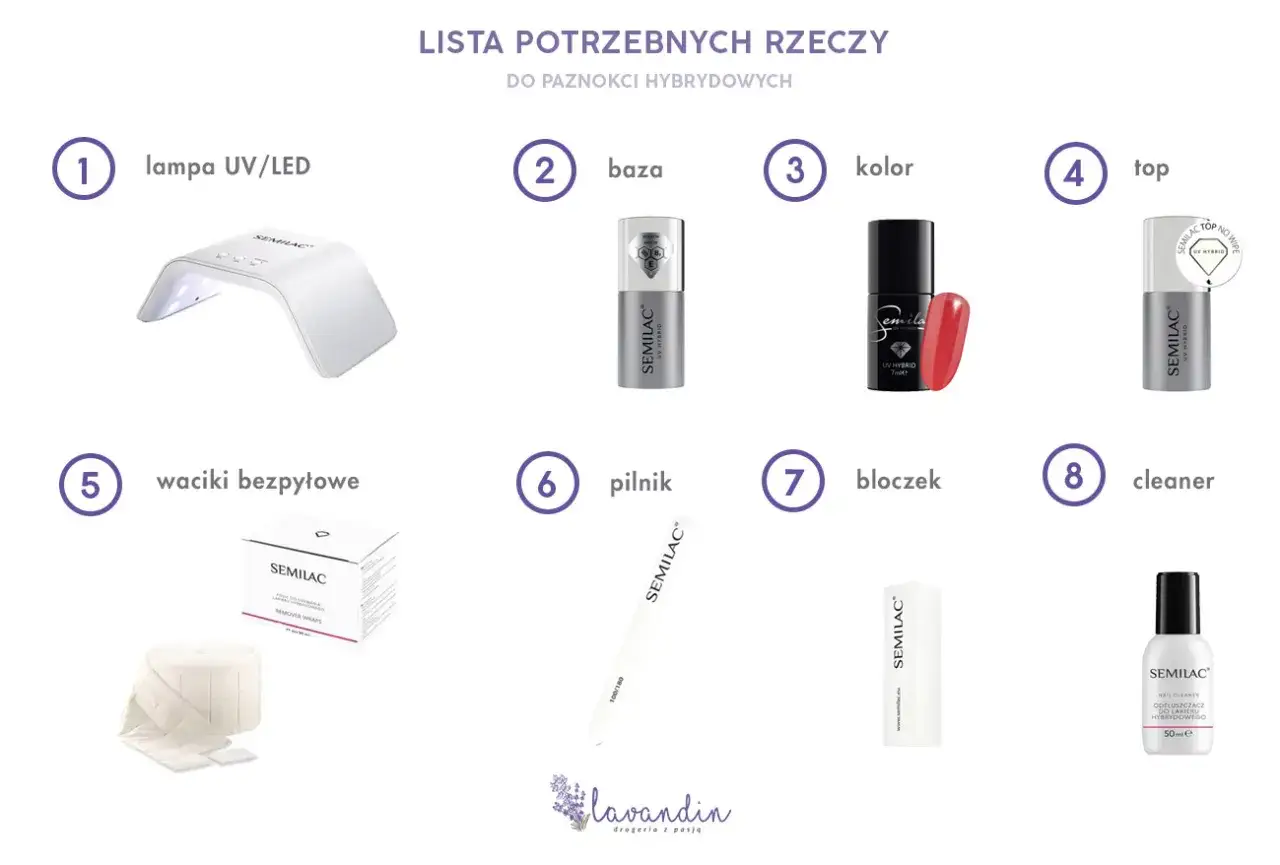 Lista rzeczy do paznokci hybrydowych: lampa, baza, kolor, top, waciki, pilnik, bloczek, cleaner. Idealne do wykonania french stemplem.