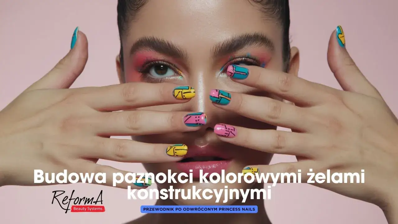 Kolorowe żele na paznokciach tworzą geometryczne wzory. R&oacute;żowe, ż&oacute;łte i turkusowe zdobienia przyciągają wzrok.