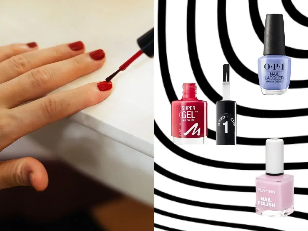 Dłoń maluje paznokcie czerwonym lakierem. Obok buteleczki lakierów: Manhattan Super Gel, OPI Nail Lacquer, Inglot Playinn. Szukasz lakieru do paznokci trwałego jak hybryda?