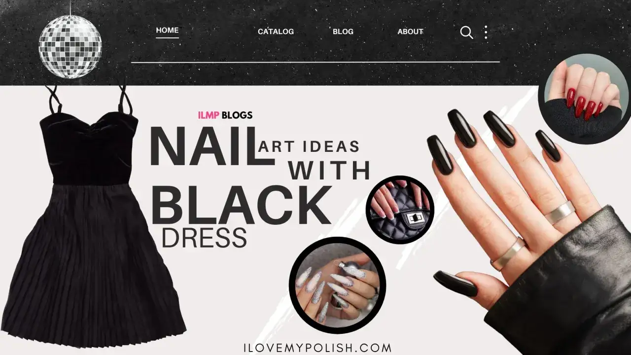 Eleganckie paznokcie do czarnej sukienki: inspiracje na idealny manicure. Czarny welurowy strój i dopasowane stylizacje paznokci.