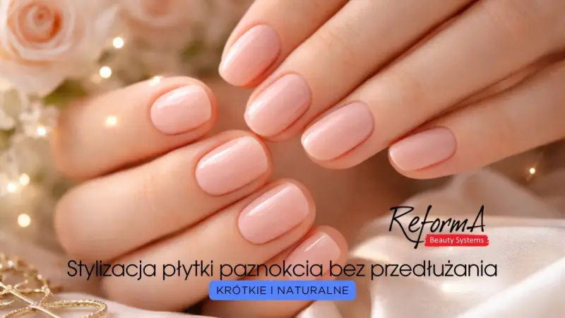 Delikatne, tipsy różowe na krótkich, naturalnych paznokciach. Stylizacja płytki bez przedłużania.